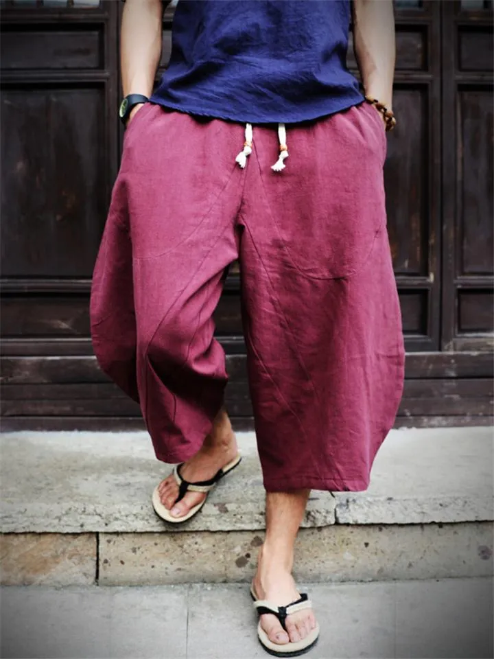 Plus-sized Cotton Linen Casual Cropped Pants For Men