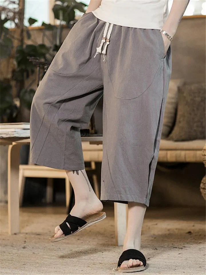 Plus-sized Cotton Linen Casual Cropped Pants For Men