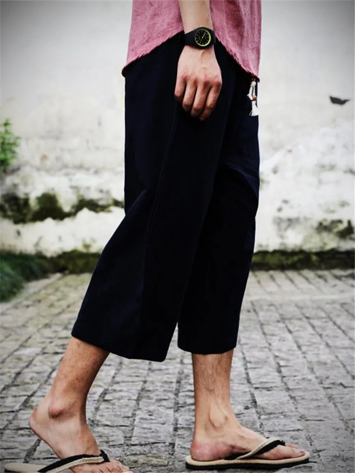 Plus-sized Cotton Linen Casual Cropped Pants For Men