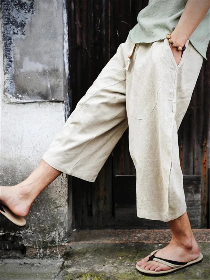 Plus-sized Cotton Linen Casual Cropped Pants For Men