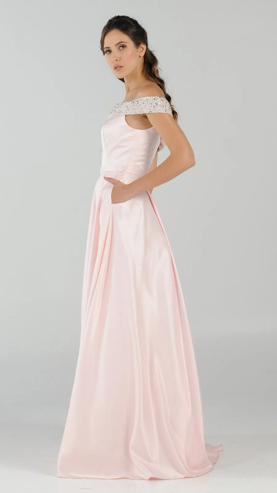 Poly USA 8242 Embellished Off-the-Shoulder Long Dress A-line