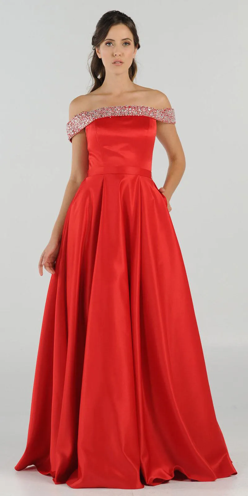 Poly USA 8242 Embellished Off-the-Shoulder Long Dress A-line