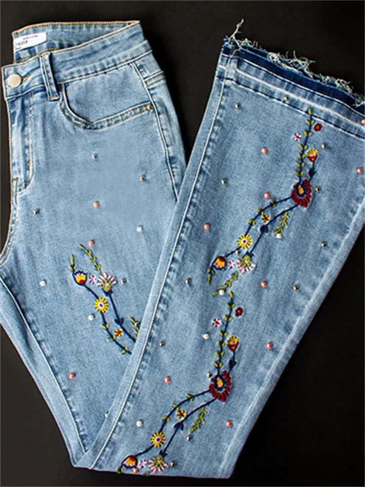 Pretty Small Floral Embroidery Colourful Pearl Vintage Style Bell Bottom Denim Jeans