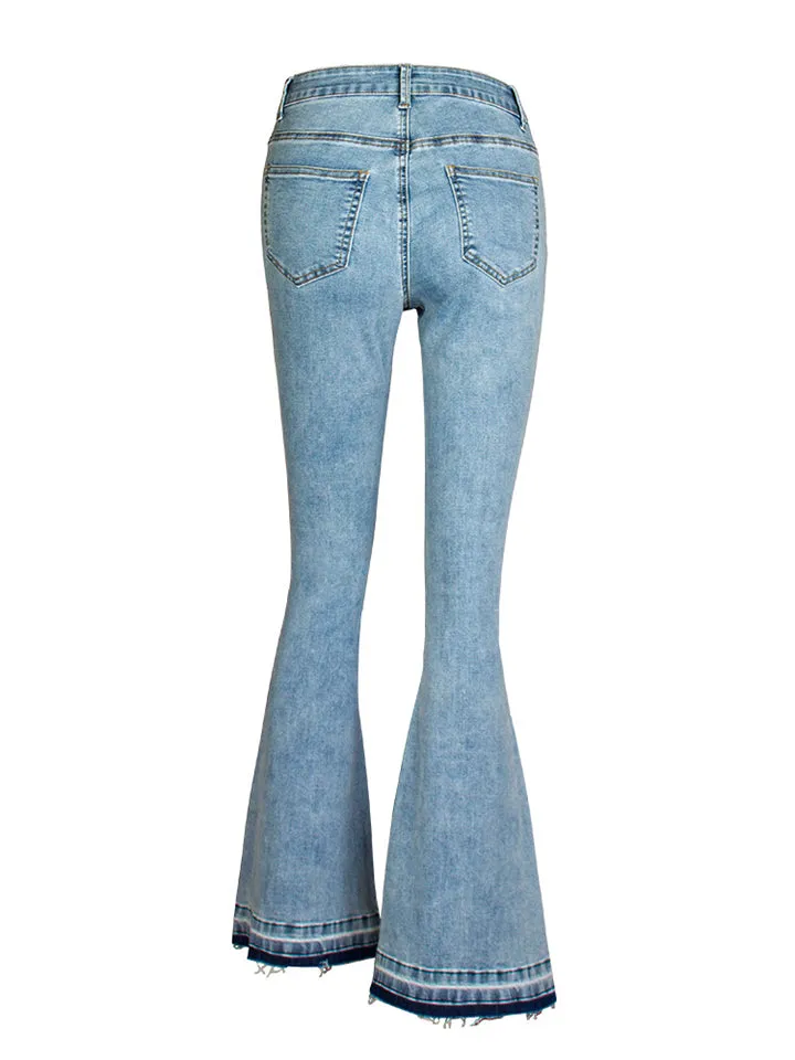 Pretty Small Floral Embroidery Colourful Pearl Vintage Style Bell Bottom Denim Jeans