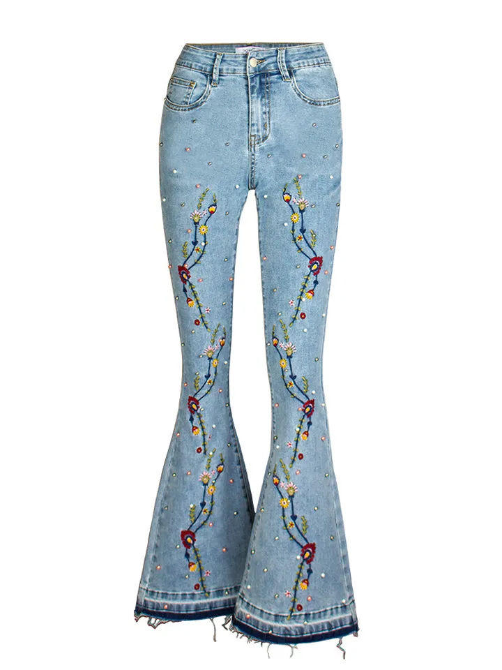 Pretty Small Floral Embroidery Colourful Pearl Vintage Style Bell Bottom Denim Jeans