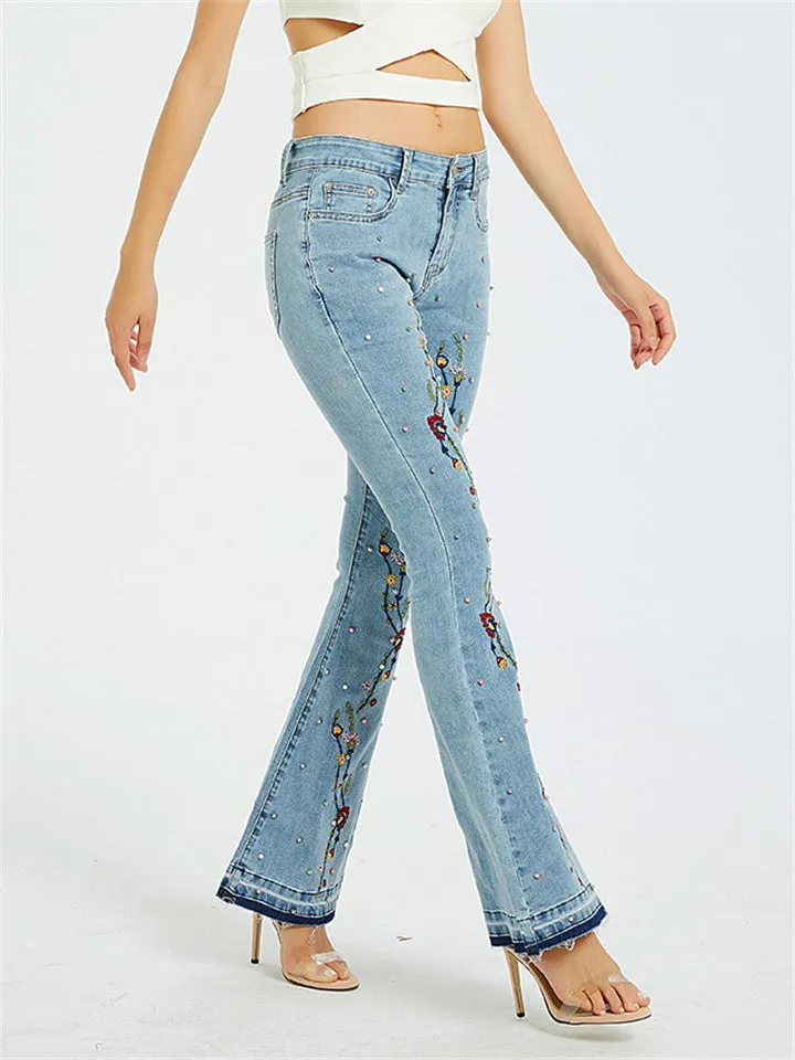 Pretty Small Floral Embroidery Colourful Pearl Vintage Style Bell Bottom Denim Jeans