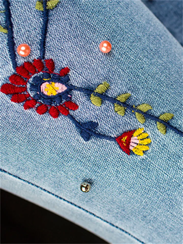 Pretty Small Floral Embroidery Colourful Pearl Vintage Style Bell Bottom Denim Jeans
