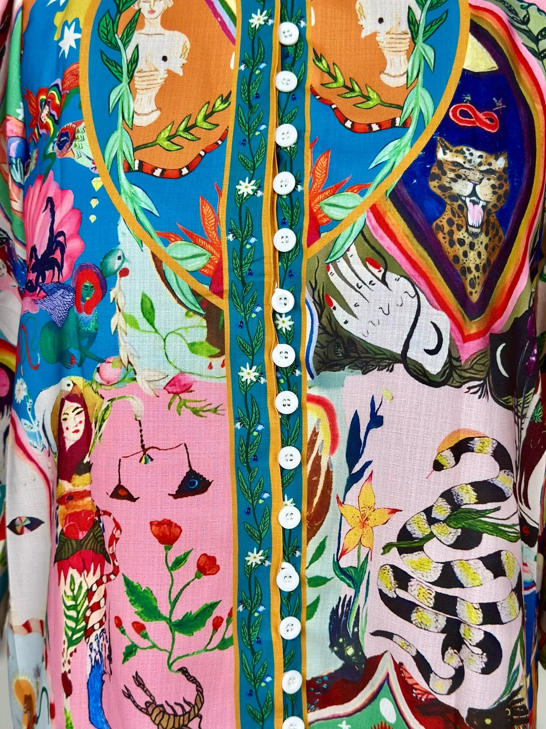Printed Bell Sleeve Buttoned Midi Dress