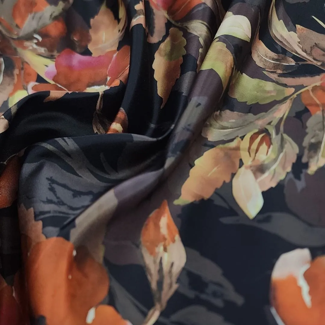 Printed Floral Duchess Satin Fabric Rust 150 cm