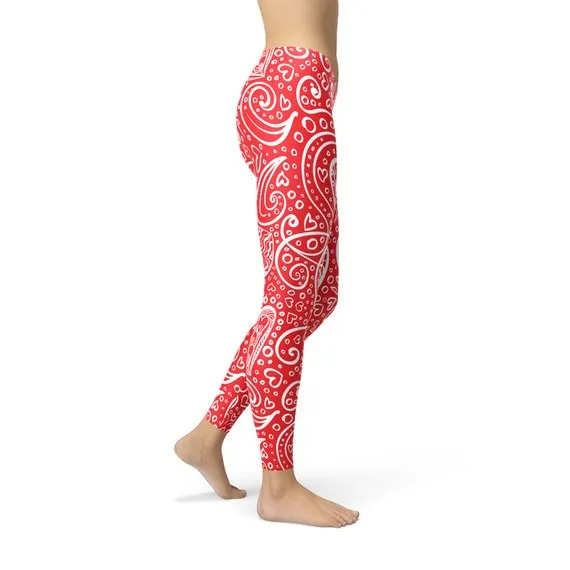 Red & White Scroll Hearts Leggings