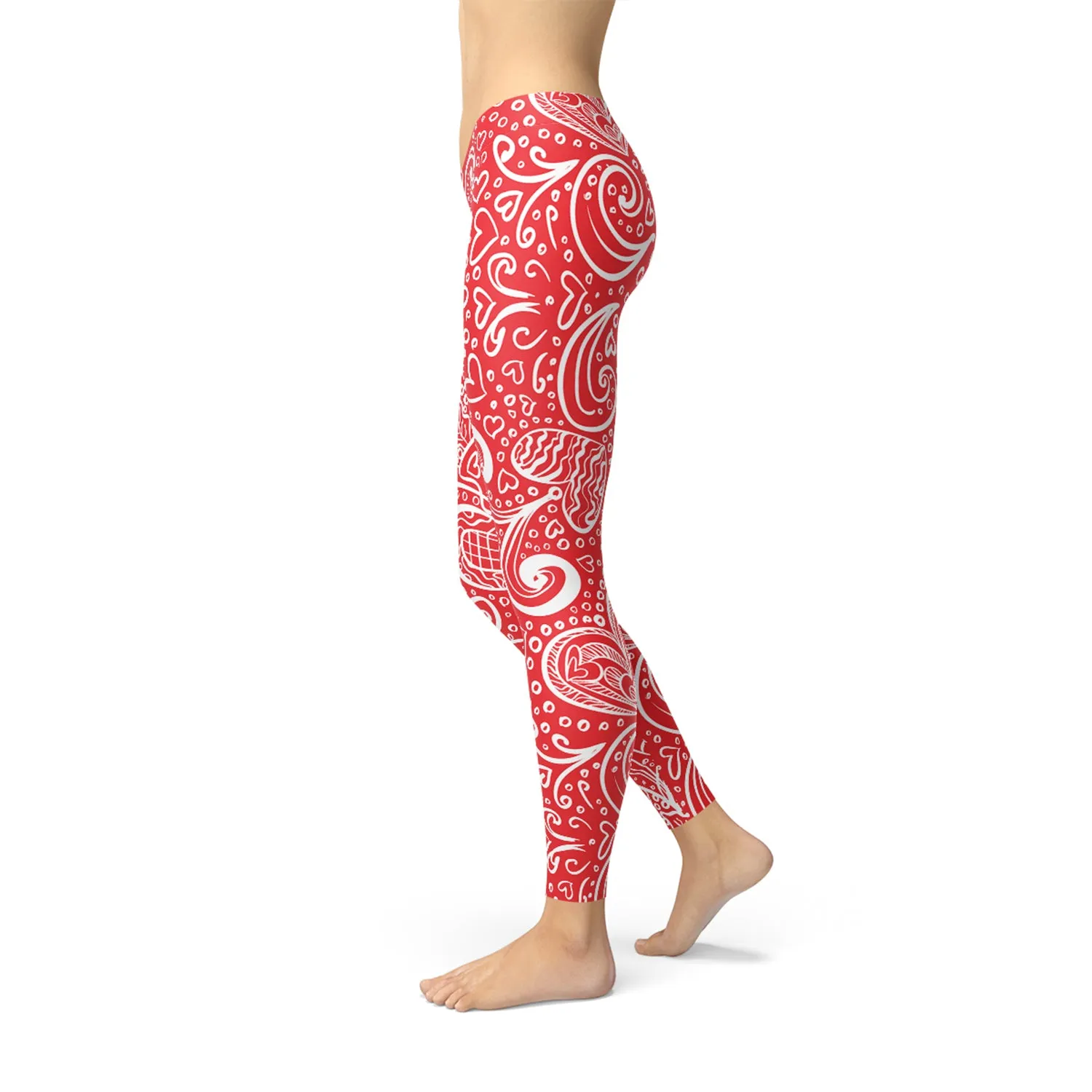 Red & White Scroll Hearts Leggings