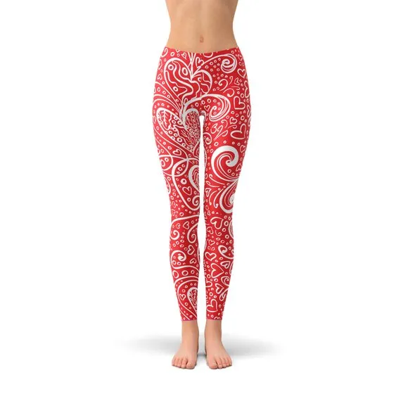 Red & White Scroll Hearts Leggings