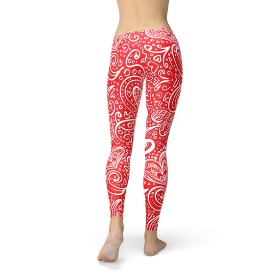 Red & White Scroll Hearts Leggings
