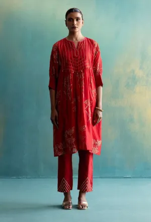 Red Chanderi Cape Tunic With Pant