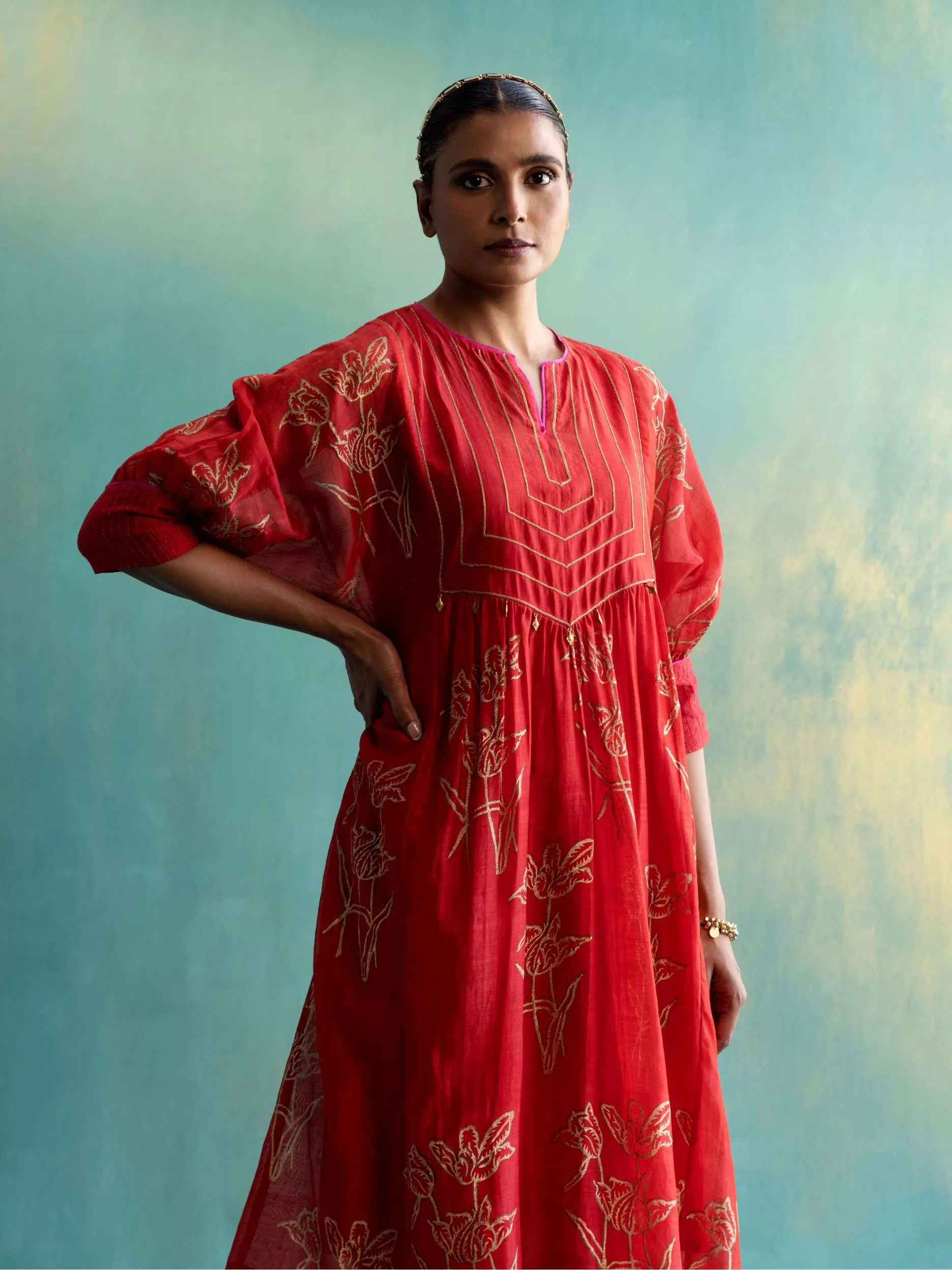 Red Chanderi Cape Tunic With Pant