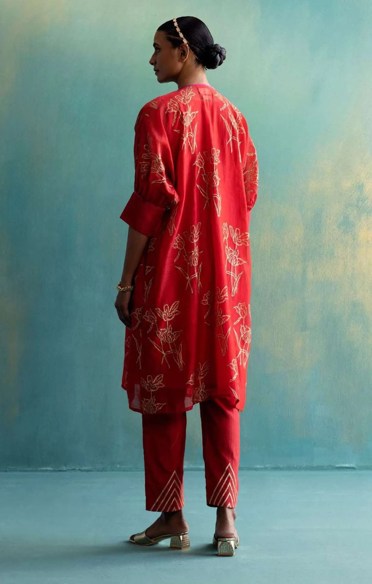 Red Chanderi Cape Tunic With Pant