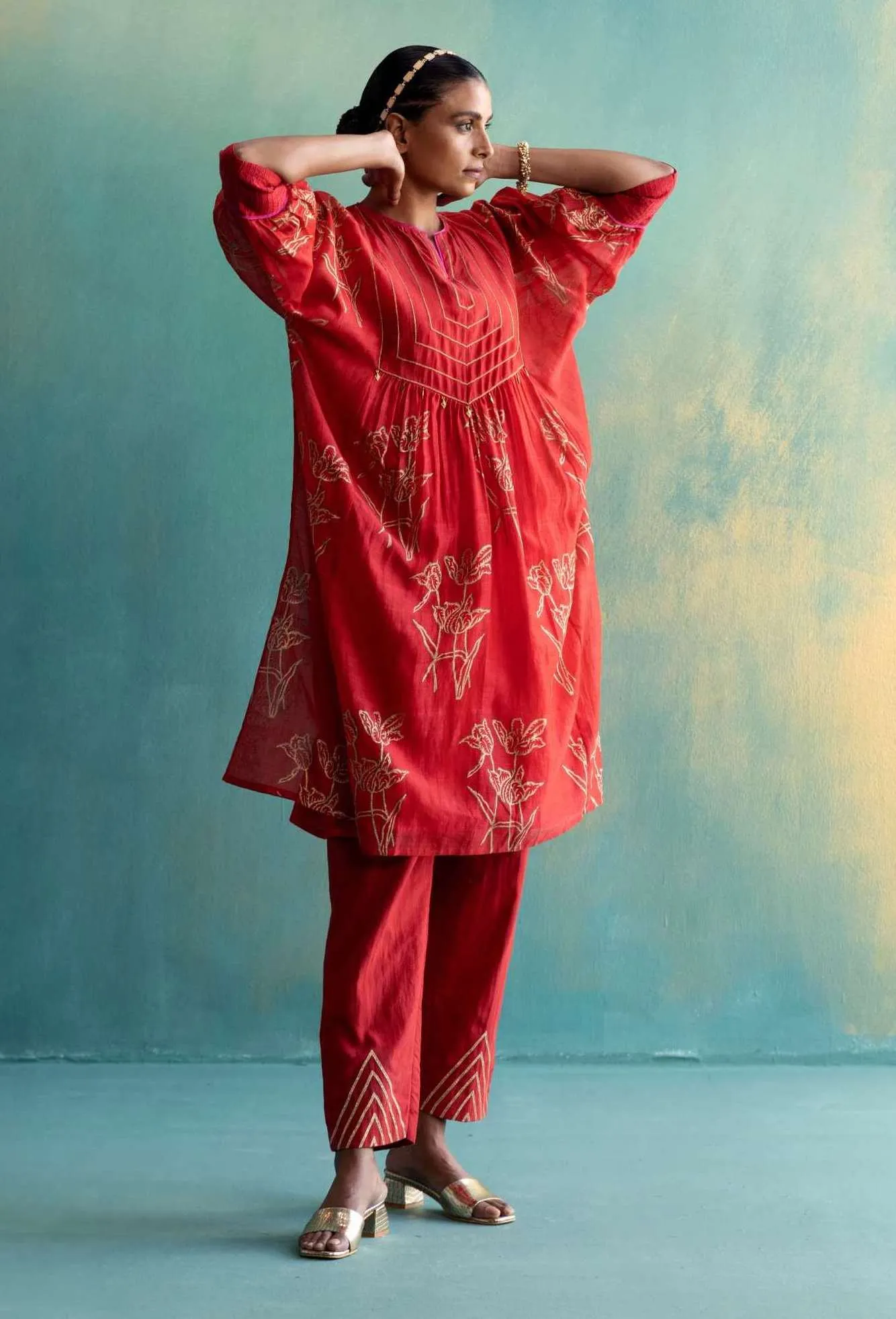 Red Chanderi Cape Tunic With Pant