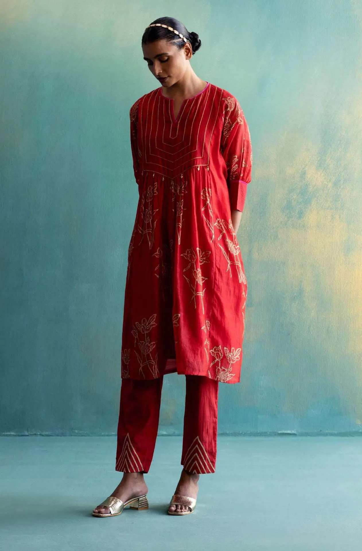 Red Chanderi Cape Tunic With Pant