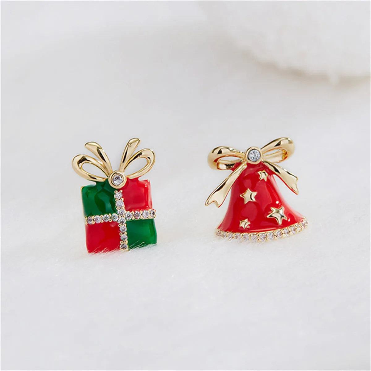 Red Enamel & Cubic Zirconia Christmas Gift & Bell Mismatch Stud Earrings
