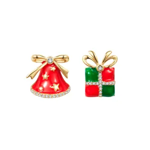 Red Enamel & Cubic Zirconia Christmas Gift & Bell Mismatch Stud Earrings