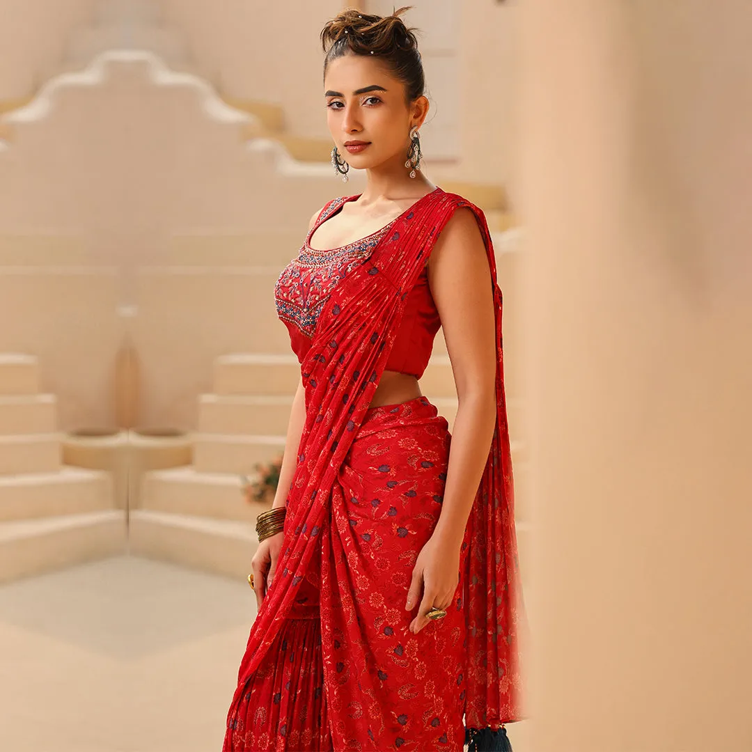 Red Flared Bottom in Saree Style