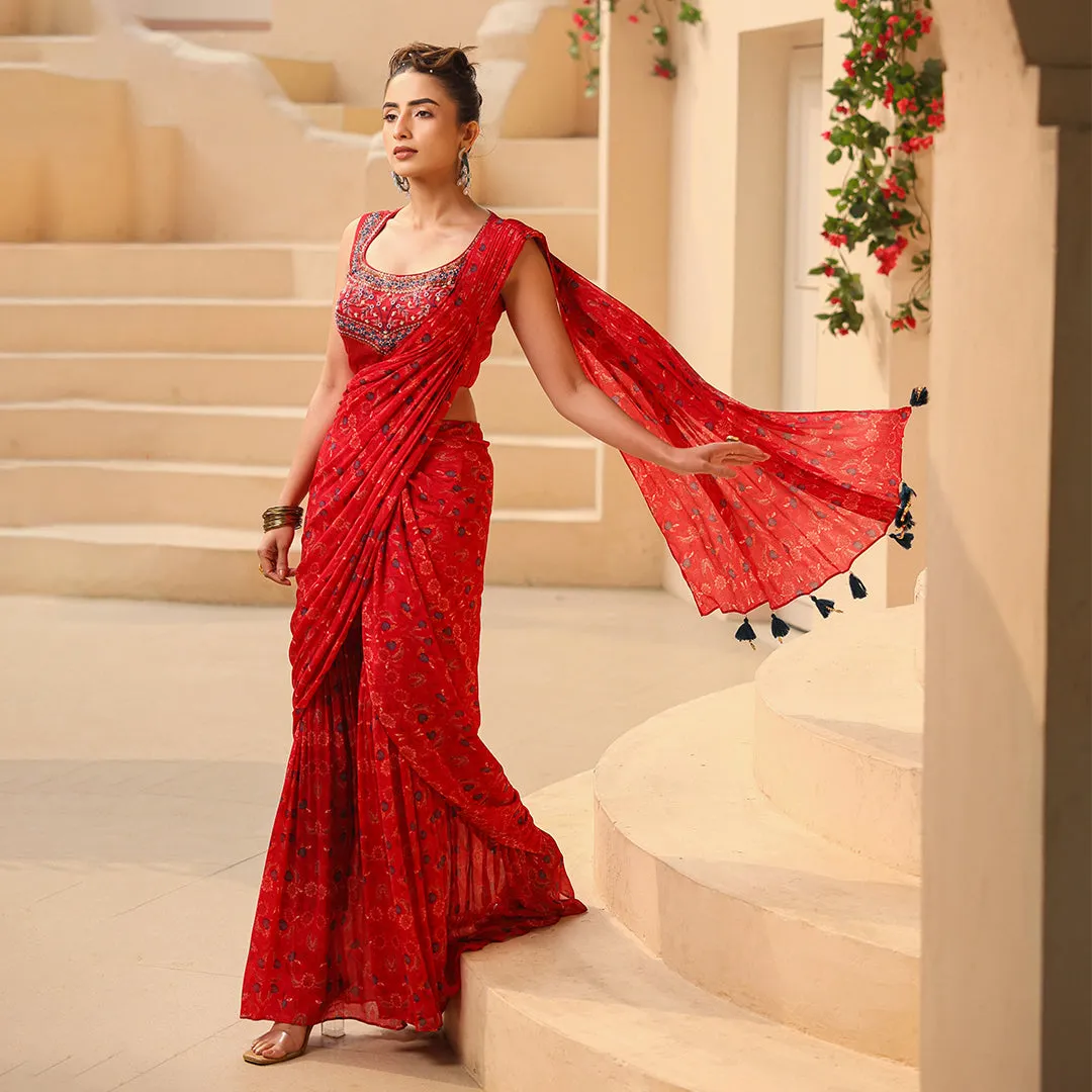 Red Flared Bottom in Saree Style