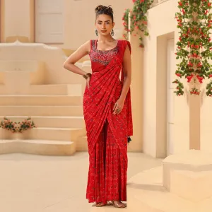 Red Flared Bottom in Saree Style