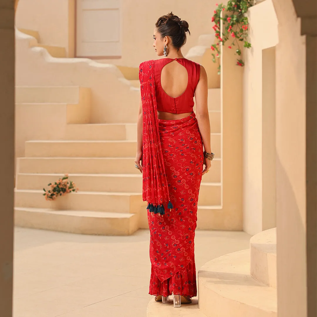 Red Flared Bottom in Saree Style