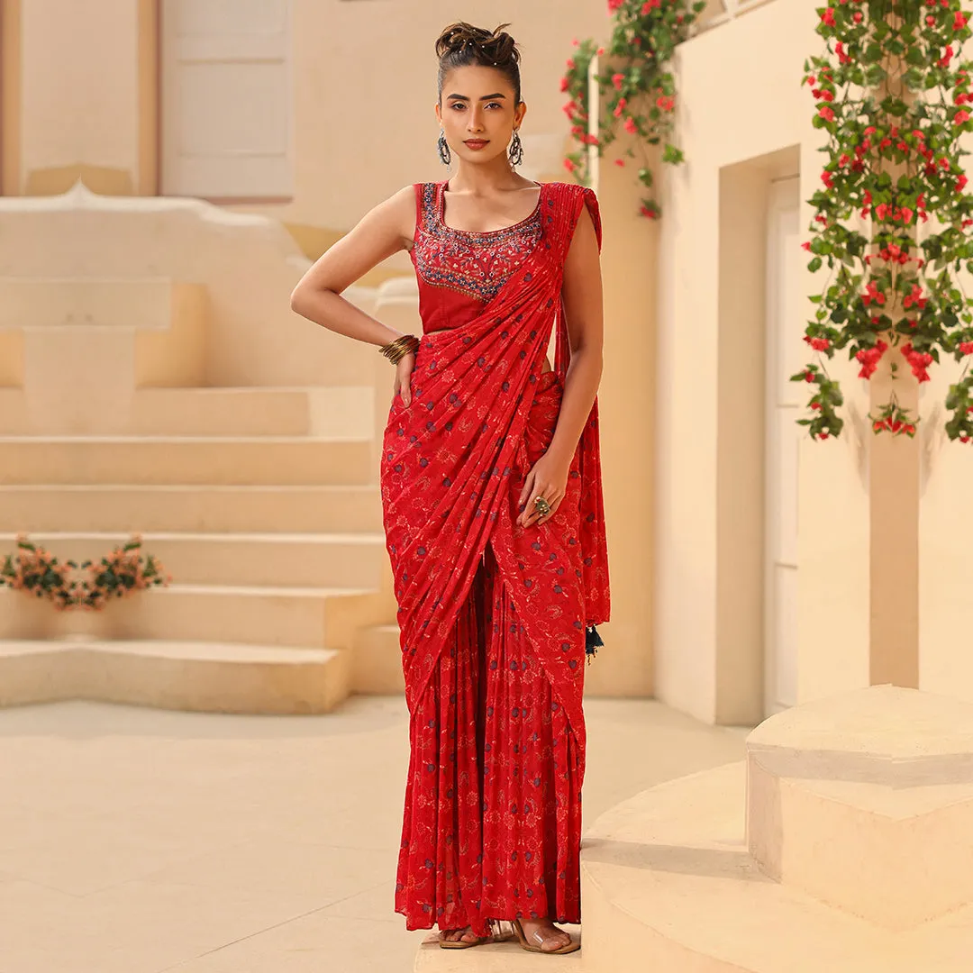 Red Flared Bottom in Saree Style