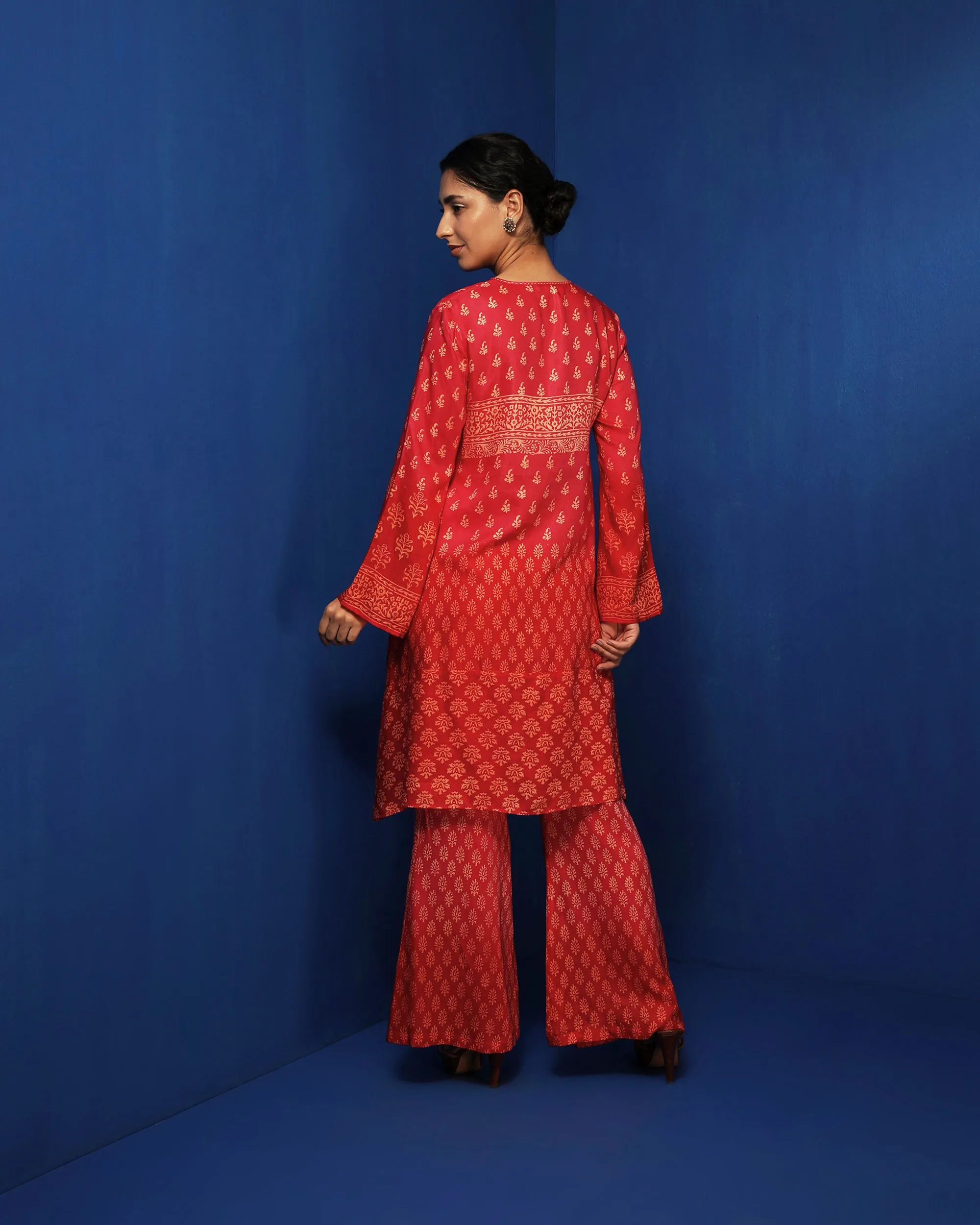 Red ombre block printed tunic set