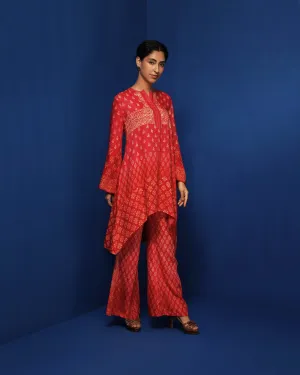 Red ombre block printed tunic set