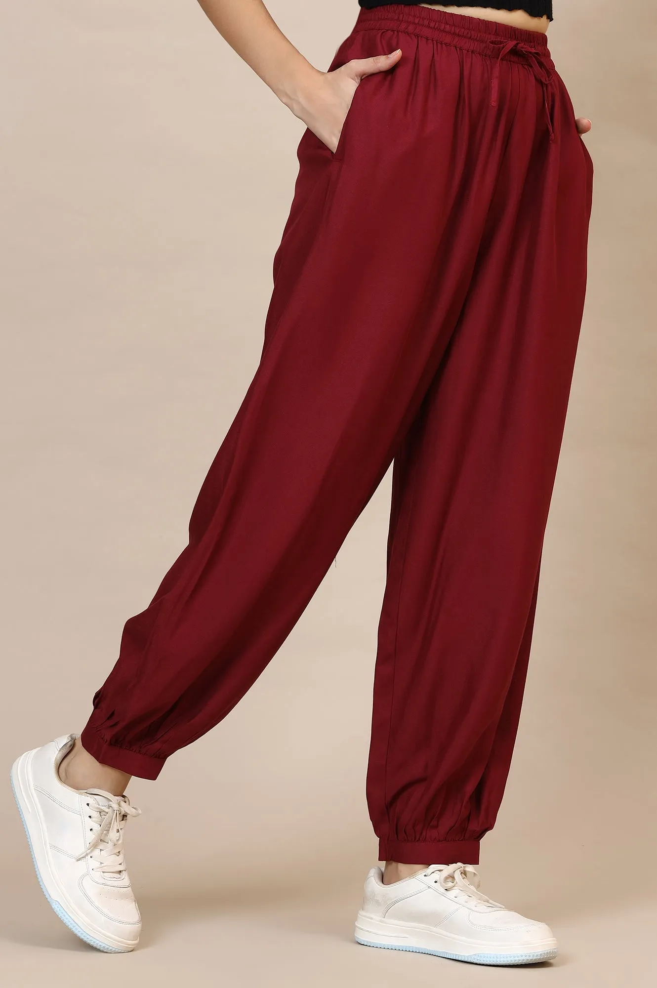 Red Solid Rayon Harem Pants