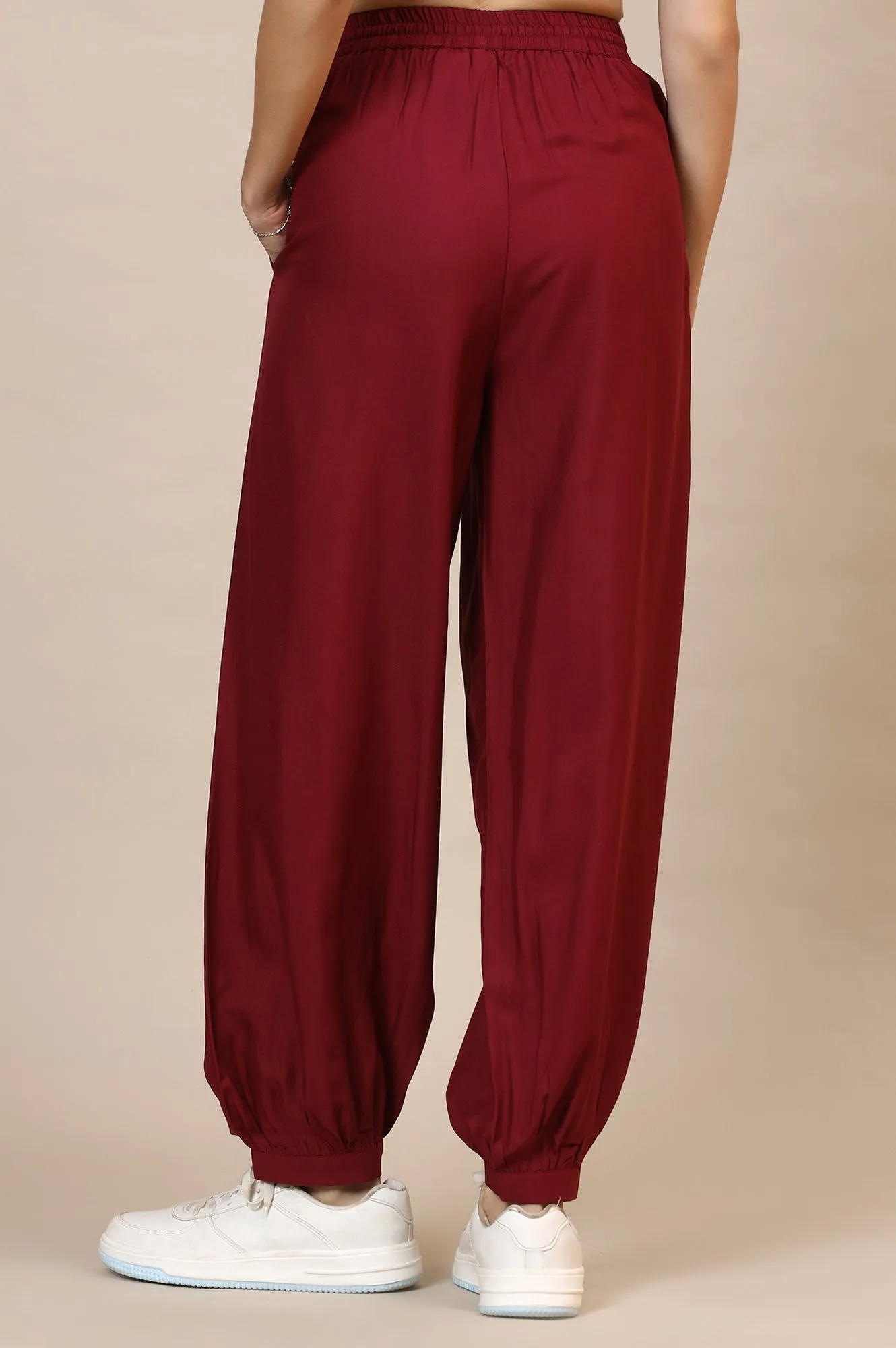Red Solid Rayon Harem Pants