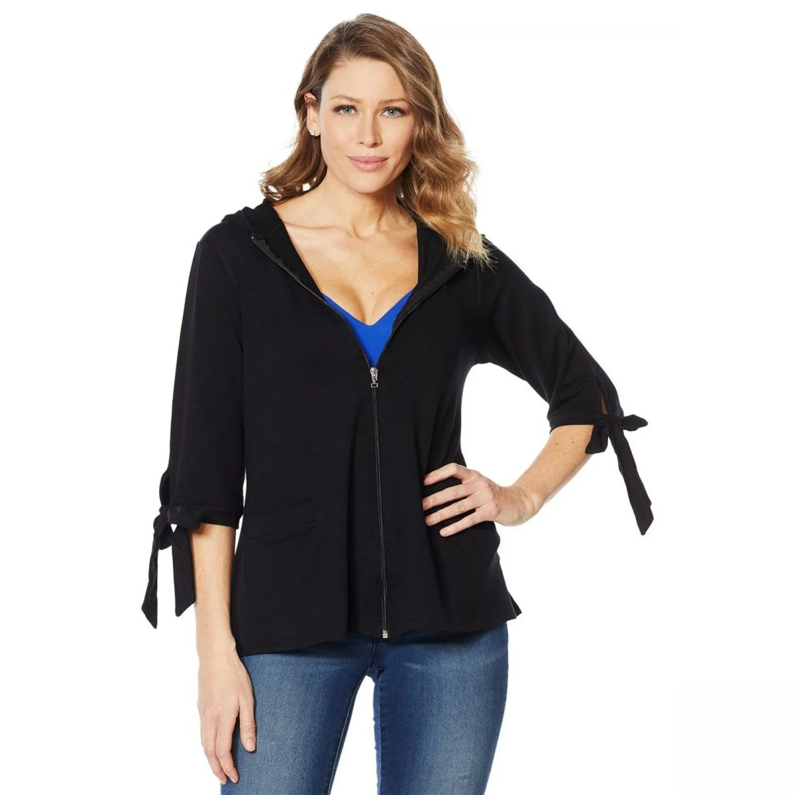 Rhonda Shear Women's Plus Size Hooded Zipper Front Jacket Black 3X
