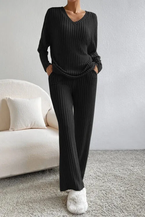 Ribbed V-Neck Top and Pants Set (5 Colors)