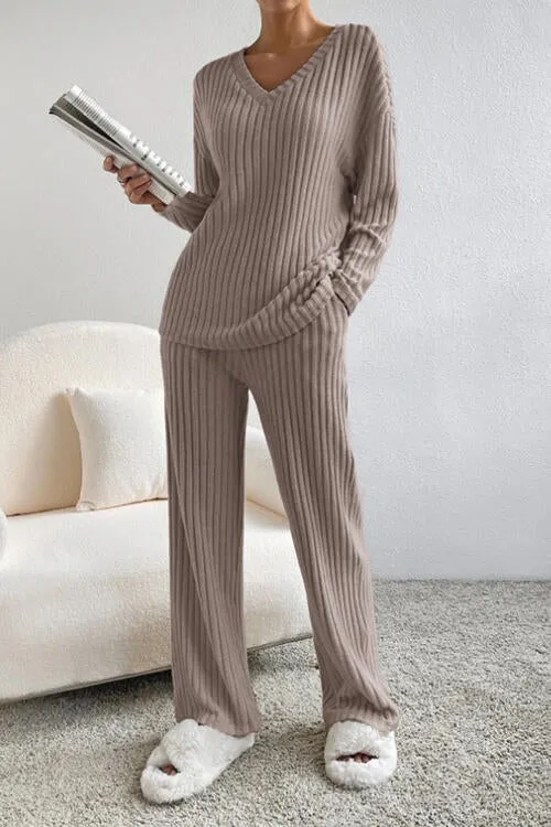 Ribbed V-Neck Top and Pants Set (5 Colors)