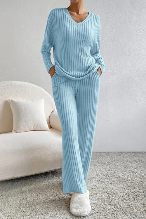 Ribbed V-Neck Top and Pants Set (5 Colors)