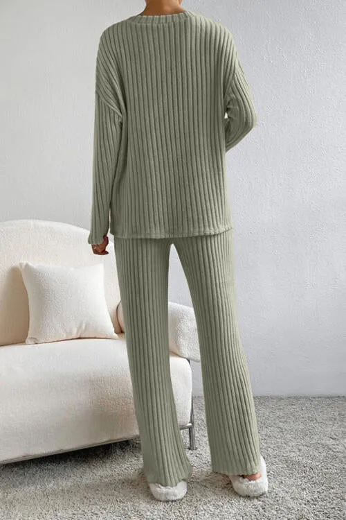 Ribbed V-Neck Top and Pants Set (5 Colors)