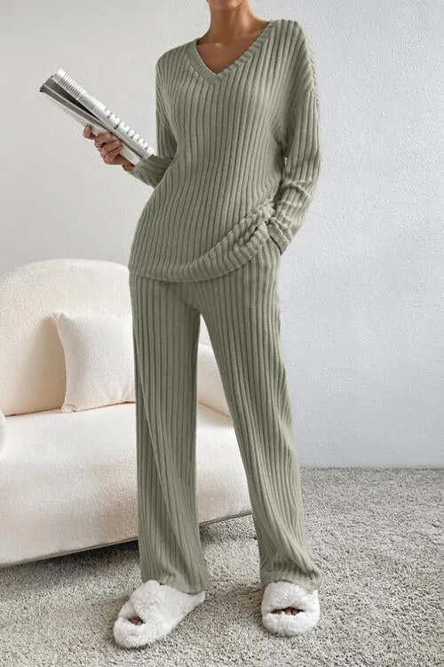 Ribbed V-Neck Top and Pants Set (5 Colors)