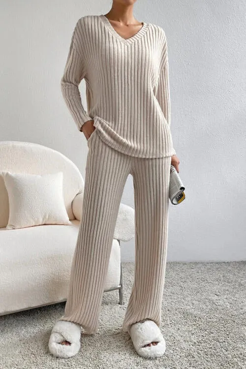 Ribbed V-Neck Top and Pants Set (5 Colors)