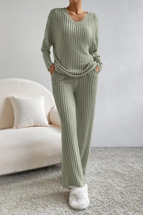 Ribbed V-Neck Top and Pants Set (5 Colors)