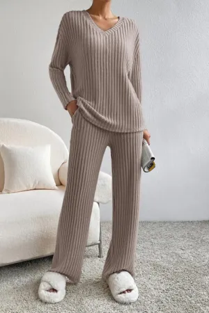 Ribbed V-Neck Top and Pants Set (5 Colors)
