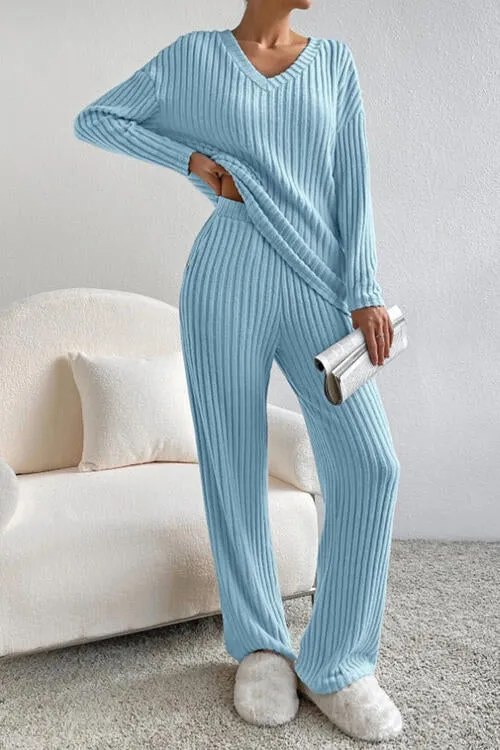 Ribbed V-Neck Top and Pants Set (5 Colors)