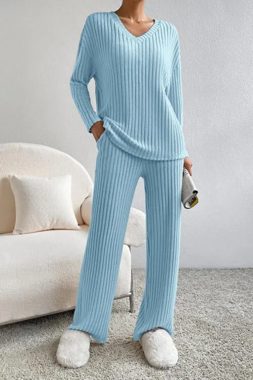 Ribbed V-Neck Top and Pants Set (5 Colors)