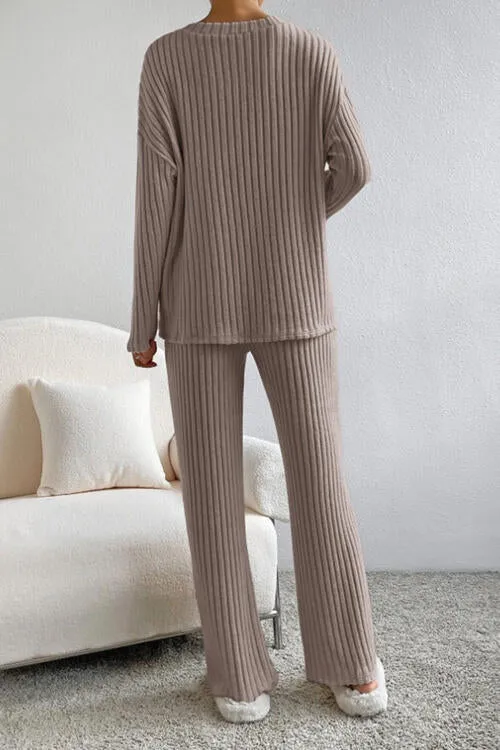 Ribbed V-Neck Top and Pants Set (5 Colors)