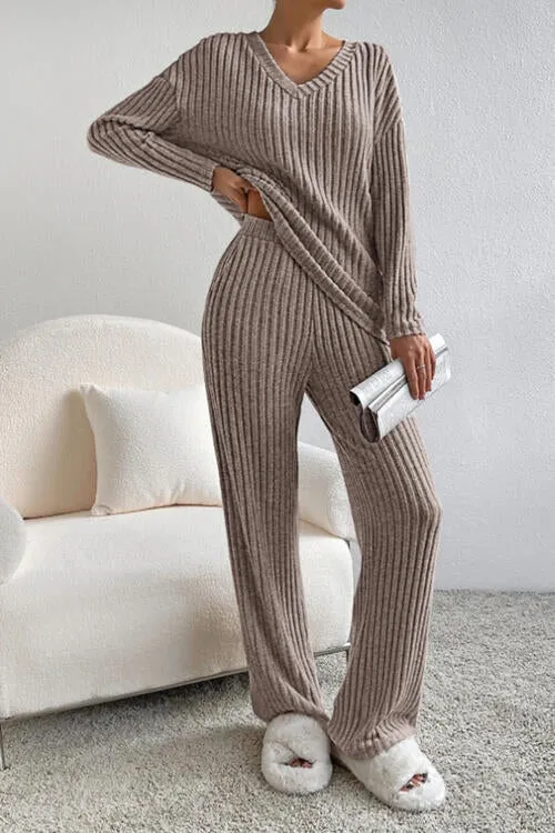 Ribbed V-Neck Top and Pants Set (5 Colors)