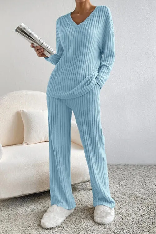 Ribbed V-Neck Top and Pants Set (5 Colors)