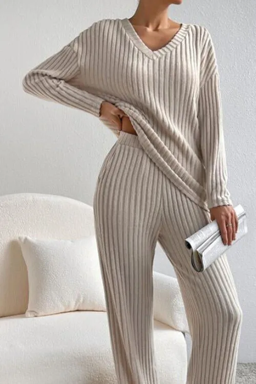 Ribbed V-Neck Top and Pants Set (5 Colors)