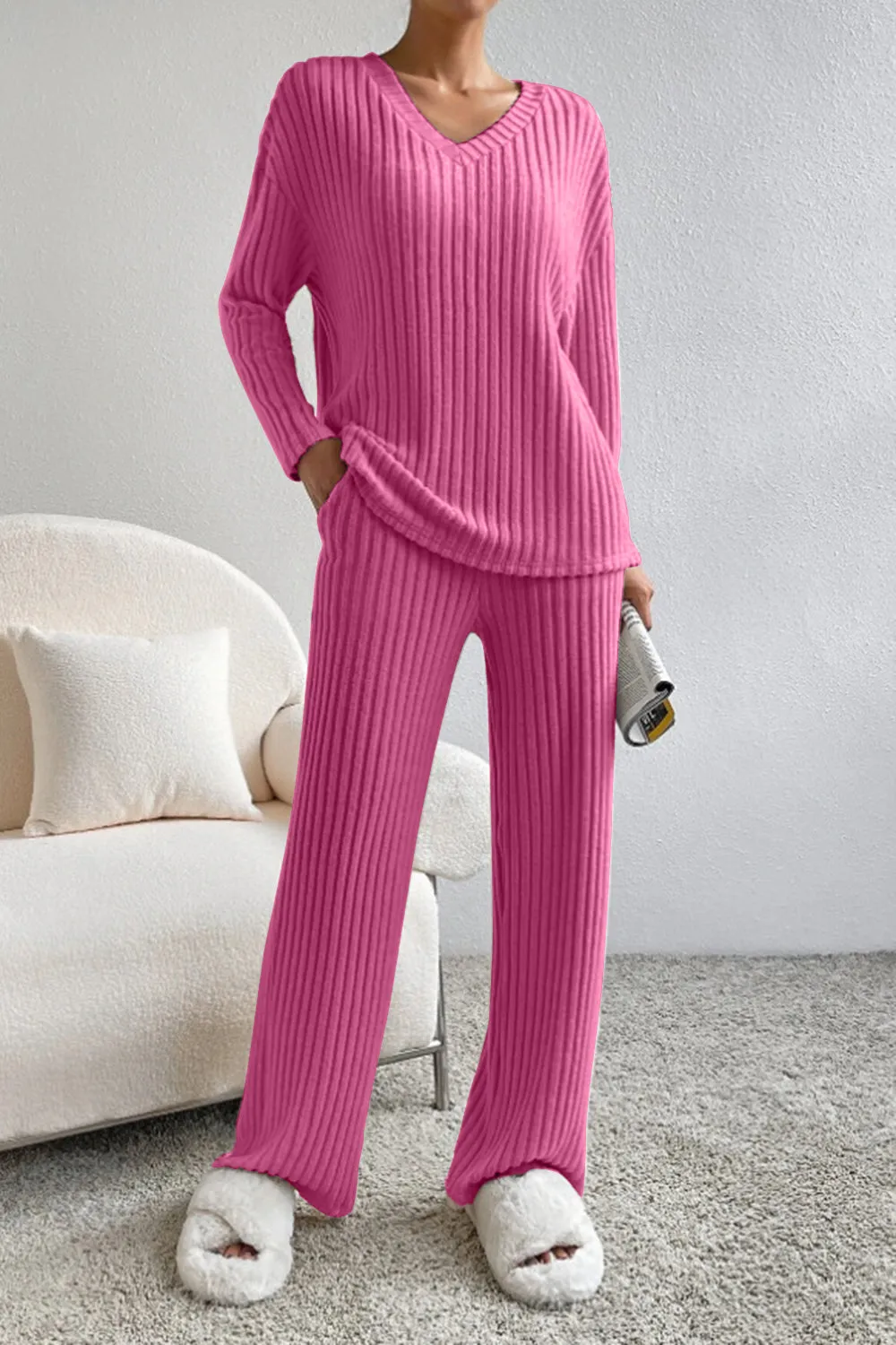 Ribbed V-Neck Top and Pants Set (5 Colors)