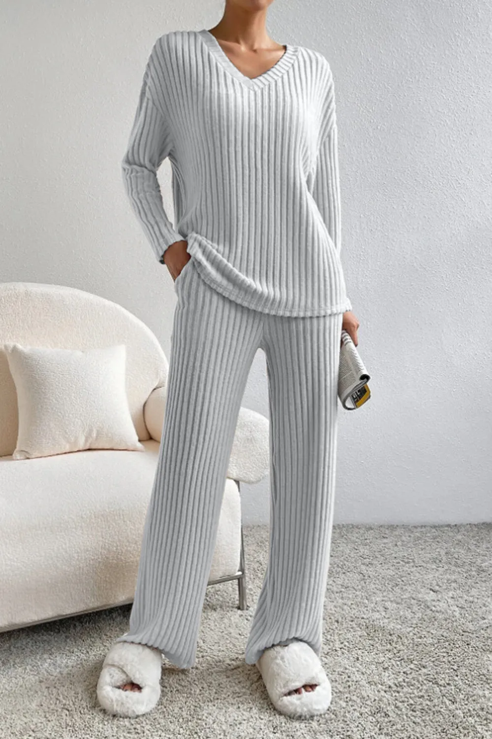Ribbed V-Neck Top and Pants Set (5 Colors)